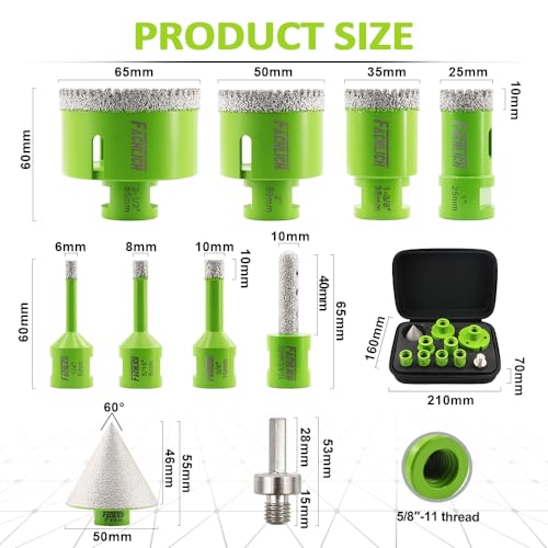 Diamond Core Drill Bits Set - 10pcs Tile Hole Saw Kit 6/8/10/25/35/50/65mm with 2" Diamond Beveling Chamfer Bits for Porcelain Ceramic Tile Granite Marble