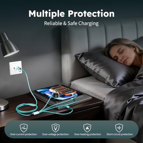 Travel Essentials Multi Charging Cable with iWatch Charger/2 USB-C/IP, 5FT - color: Emerald, size: 1Pack 5FT
