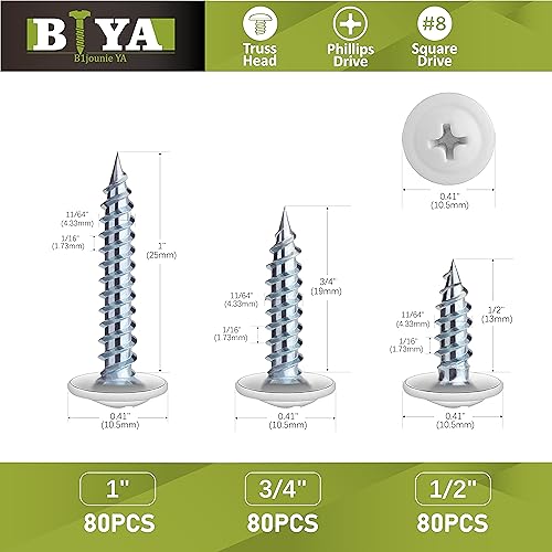 White Wood Screws 240pcs #8 Self Tapping Cabinet 3 Size 1/2 3/4 1 Inch - color: White, size: 240 SCREW COUNT