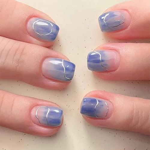 Mivota Short Square Press On Nails blue Nude Gradient False Nails with Silver Streaks Acrylic Press in Nail Gel Stick On Nails Set Glue on Nails for Women & Girls 24Pcs - color: 29-Blue gradient silver lines