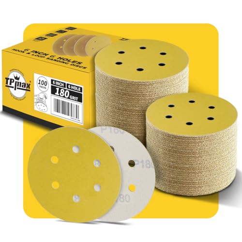 100PCS 6 Inch 180 Grit 150mm 6 Hole Sanding Discs Sandpaper - Premium Gold Round Hook and Loop for Random Orbital Sander - Ideal for Wood, Metal, Automotive - style: 180 Grit - 100 Pack
