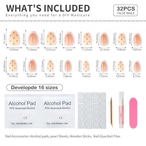Short Almond Press On Nails, French Tip Brown Polka Dot, 32Pcs - color: 65-Polka French Charm