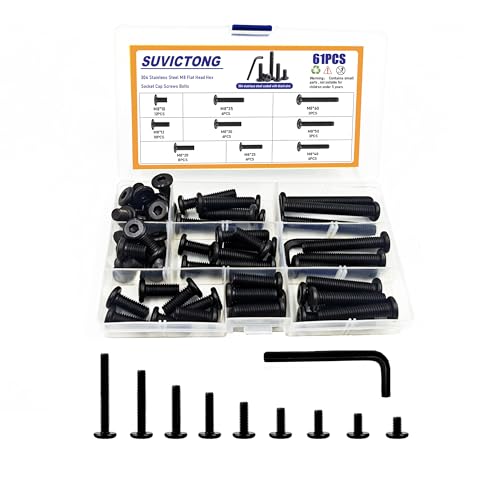 61Pcs M8 Flat Head Hex Socket Cap Screws Assortment Kit, M8x 10mm/12mm/20mm/25mm/30mm/35mm/40mm/50mm/60mm Socket Cap Bolts,304 Stainless Steel 18-8, Full Thread, Black Oxide with Hex Spanner - size: M8