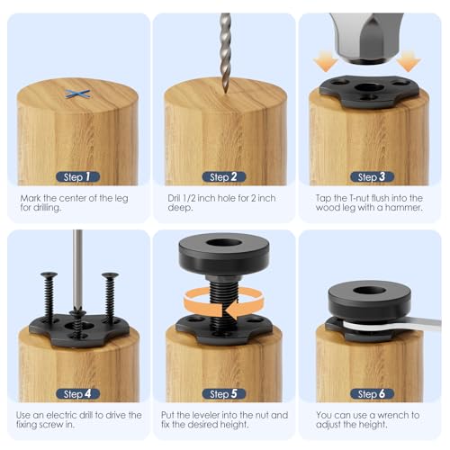 MROCO Furniture Leveling Feet 3/8"-16 UNC with T-Nuts, 8 Pack - size: 3/8"-16 / 8 Pack
