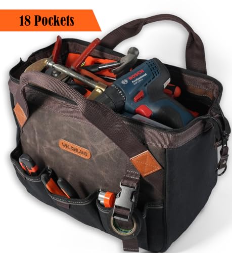WELKINLAND 18 Pockets Electrician Tools Bag, Waxed Canvas Tool Bag For Men