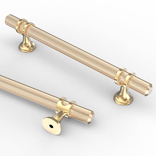 Asidrama 10 Pack 5 Inch(128mm) Knurled Brushed Brass Kitchen Cabinet Handles, Glod Cabinet Pulls Kitchen Cabinet Hardware Cupboard Handles Drawer Pulls - color: Brushed Brass, size: 5" Hole Center, style: 10 Pack