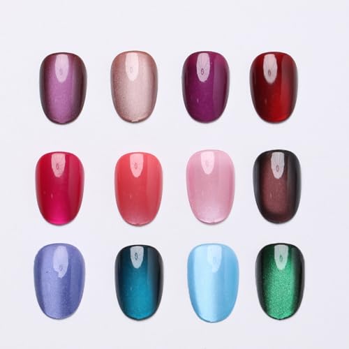 288Pcs Cat Eye Press on Nails Short Almond Fake Nails 12 Color Glitter False Nails Shiny Acrylic Glossy Glue on Nails Gradient Stick on Nail for Women Manicure - color: Style 12