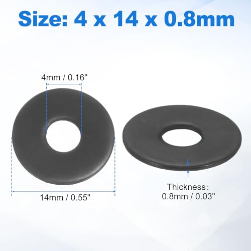uxcell 75Pcs M4 304 Stainless Steel Flat Washers, ID 4mm, OD 14mm, Thickness 0.8mm Round Metal Washers for Screws Bolts, Outdoor Construction, Black - size: M4*14*0.8mm