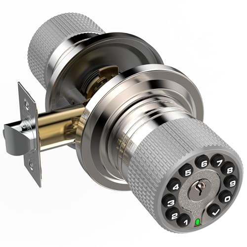 iulock Smart Door Knob with Keypad and Key,Keyless Entry Door Lock with Rubber Grip, Auto Lock,50 User Code,Waterproof, Easy to Install and Program for Bedroom Garage Office Gate (Satin Nickel) - color: Stain Nickel