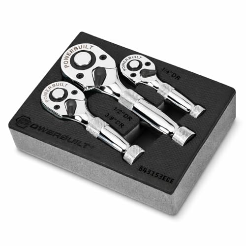 Powerbuilt 3 Piece 1/4-Inch, 3/8-Inch and 1/2-Inch Stubby Ratchet Set, Quick-Release Reversible 90 Tooth, Tight Spaces, Mini Small Ratchet Wrench - 643153ECE - style: 3 Pc Ratchet Set