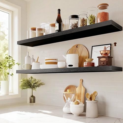 Amada 47 Inch Floating Shelves with Invisible Brackets, Set of 2, Black | Wall Shelves with Hidden Bracket, Solid MDF Wood, 22 lbs Max Load per Shelf, Easy to Assemble, Multi-Wall Compatible - color: Black, size: 47 inches