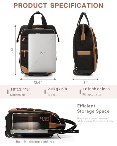 Rolling Puffer Backpack for Women, Travel Backpack with Wheels, 16 Inch Wheeled Laptop Backpck, Dual-Opening Design Overnight College Underseat Carry on Luggage, Roller Business Work Bag, Black Brown - color: Black Brown