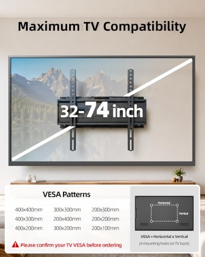 USX MOUNT TV Wall Mount for 32-74 inch Flat Screen/LED/4K up to 110lbs, Full Motion TV Mount Bracket with Swivel & Tilt Articulating Dual Arms, Max VESA 400x400mm, Fits 12/16" Wood Studs - size: 32-74inch