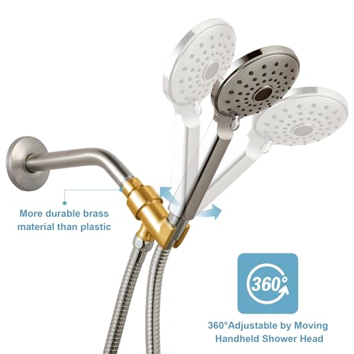 OFFO Shower Head Holder All Metal for Handheld Shower Head, Brushed Nickel Adjustable Shower Arm Mount with Solid Brass Pivot Ball, 1/2 in IPS Female Inlet and Male Outlet - color: Brushed Nickel
