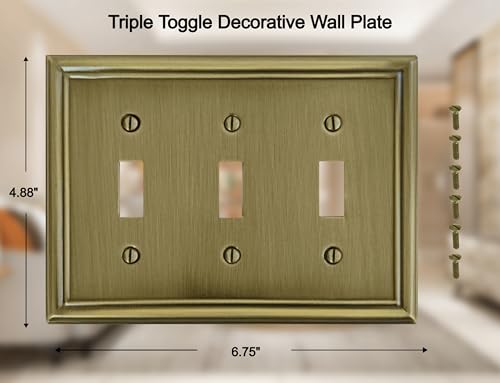 OKAWYC Triple Toggle Light Switch Cover Luca Metal Wall Plate, 2-Pack Antique Brass 3 Gang, for Light Switch Cover Decorative Wallplate, Durable - size: 3 Toggle