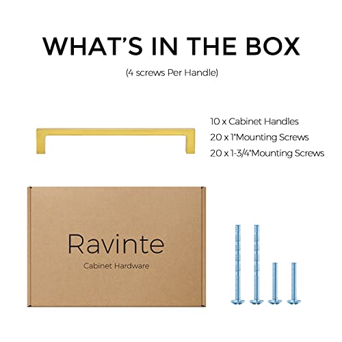 Ravinte Brushed Brass Solid Pulls Cabinet Handles 6-1/4 Inch 10 Pack - size: 6-1/4 Inch Hole Center