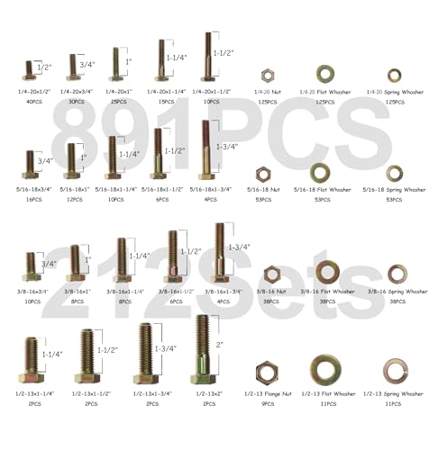 891Pcs Grade 8 Bolts and Nuts Kit, SAE Bolt Assortment Kit - size: 1/4-20, 5/16-18, 3/8-16, 1/2-13