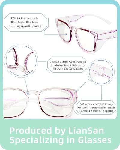 LianSan Safety Glasses Over Eyeglasses for Women - Anti-Fog Goggles Fit Over Eyewear for ANSI Z87.1 Certified - color: Shinny Purple/Clear