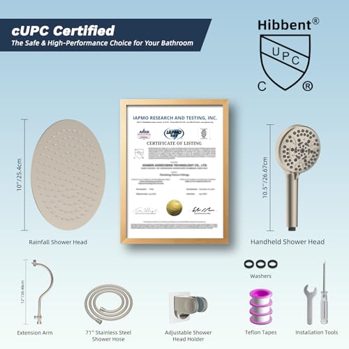 Hibbent All Metal cUPC Certified Shower Head, 10'' Rainfall Shower Head - color: Brushed Nickel, style: Round 10''
