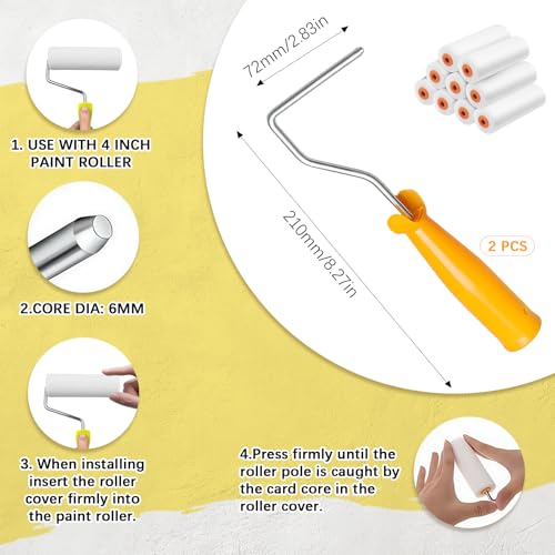 100 Pcs 4 Inch Foam Paint Roller with 2 Handles, Mini High Density Foam Roller Refills Paint Edger Tool for Walls Brings Smooth Finishes Flat Surfaces (White)