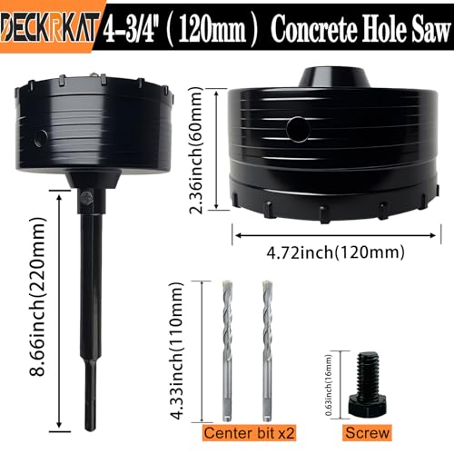 DECKRKAT 4-3/4" Concrete Hole Saw Kit,Electroplated Black Quenching Tech,Heavy-Duty Thickened Alloy Teeth,SDS Plus Shank & 2 Center Bits for Concrete,Brick,Stone. - size: (120mm)4-3/4"