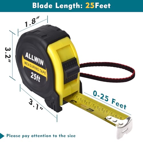 Tape Measure 25 Ft - Metal Retractable Tape Measure with Fractions, Easy Read, 1-inch Wide X 25 Foot - color: Yellow