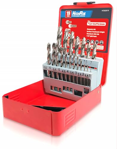 HIGHFIRE 19PCS HSS Metric Drill Bits Set, 1-10mm Twist Jobber Length Drill Bit Kit for Hardened Metal, Cast Iron, Stainless Steel with Index Case - size: 19PCS