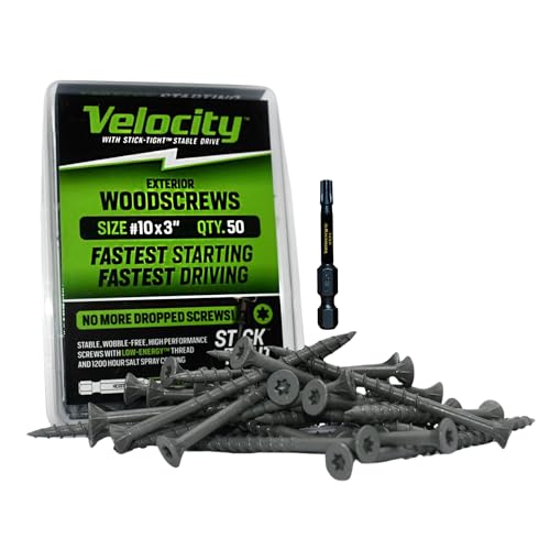 Velocity Exterior 3 Inch Wood Screws DIY Pack (Size #10) Fence Screws for Wood, Stick Tight Technology, Made with Carbon Steel, Includes 1 Hexstix Drive Bit (40 Pieces) - size: #10 x 3", style: Small Pack