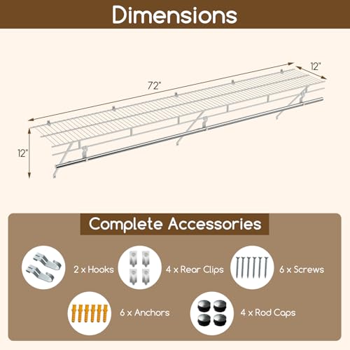 COSTWAY Closet Shelves Wall Mounted, Ventilated Shelf with Hanging Rod | Metal Wire Shelving Kit, Wire Wall Shelf for Laundry Room, Bedroom, Home, Mounting Accessories Included (6 ft x 12 in) - size: 6 ft x 12 in