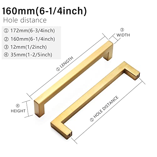 Cabinet Pulls Gold Cabinet Handles Square Drawer Pulls, 10 Pack 6-1/4 Inch Stainless Steel Kitchen Door Cupboard Cabinet Handles, Drawer Hardware Handles, 160mm Hole Centers - color: Gold, size: Two Hole - 6-1/4 inch Hole Centers(160mm)