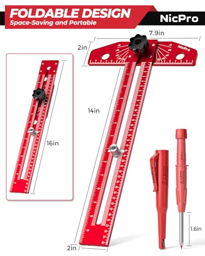 Nicpro Woodworking Scriber T Ruler with Pencil, Aluminum Alloy T Square
