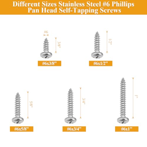 185 Pieces #6 x 3/8" 1/2" 5/8" 3/4" 1" Wood Screws Set, Phillips Pan Head #6 Self-Tapping Screws Assortment Kit, 304 Stainless Steel - size: #6, style: Phillips Pan Head
