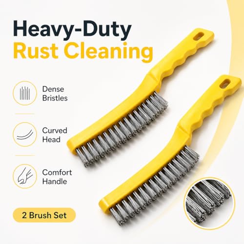 2 Pcs Stainless Steel Wire Brush for Cleaning Rust - 11" Heavy Duty Wire Brushes for Metal, Welding & Deburring - Comfortable Curved Handle Rust Remover Tool