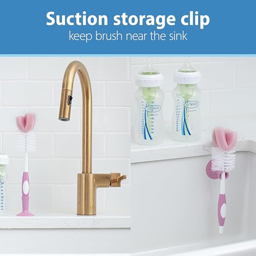 Dr. Brown's Reusable Sponge Baby Bottle Cleaning Brush with Suction Cup Stand, Scrubber and Nipple Cleaner, BPA-Free, Pink, 2-Pack - color: Pink Bottle Brush, size: 2-Pack