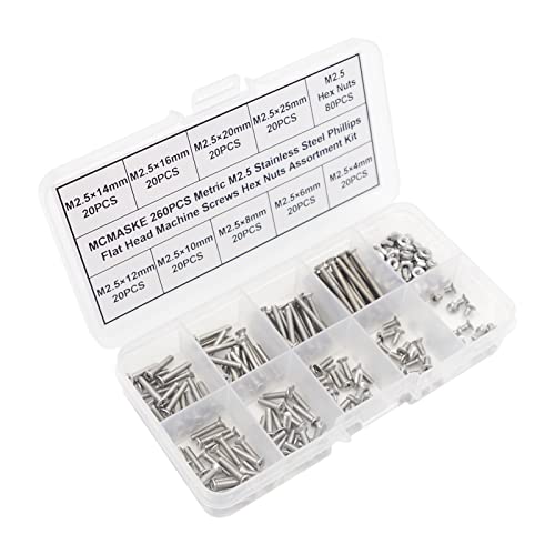 260PCS Metric M2.5 Stainless Steel Phillips Flat Head Machine Screws Hex Nuts Assortment Kit - size: M2.5