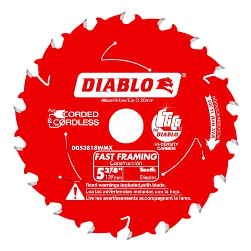 Diablo Fast Framing Saw Blade for Wood - 5-3/8" Diameter, 18 ATB Teeth | 20mm Arbor, .049" Kerf, 18° Hook Angle, .039" Plate, 14500 Max RPM - D053818WMX