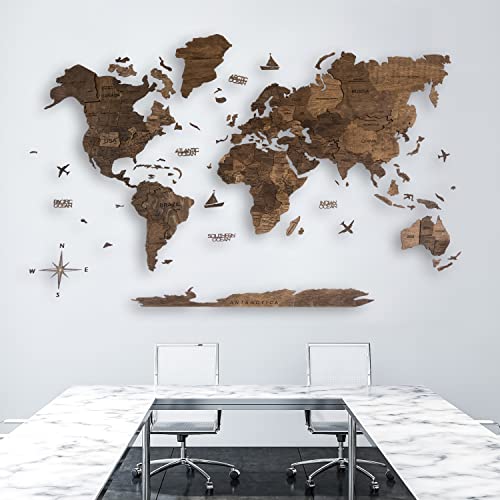 AWESOMETIK WALNUT 3D World Wood Map | 3D Wood Map of the World Easy Installation with Double Sided Tape Includes Add Ons Premium Durable Plywood Ideal for Home and Office Decor M, L, XL
