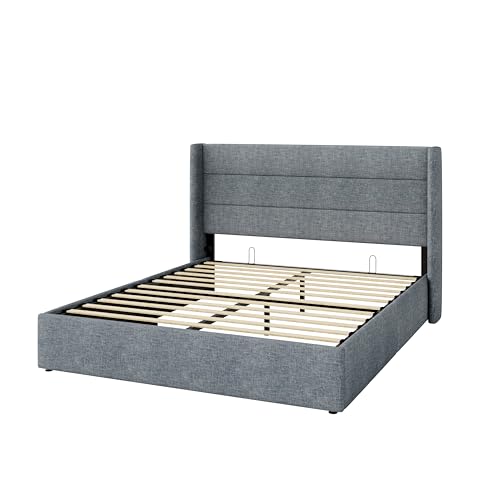 Allewie Full Size Lift Up Hydraulic Storage Bed Frame Blue Grey - color: Blue Grey, size: Full, style: Modern