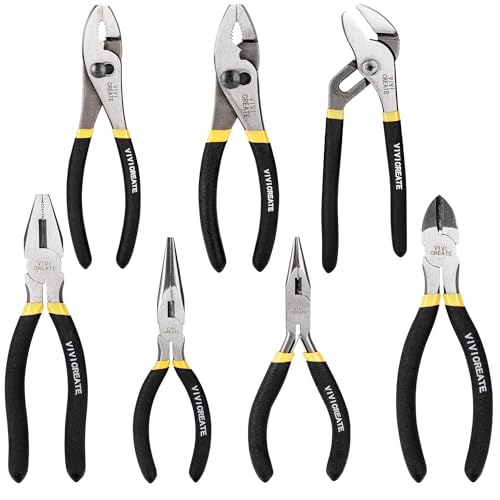 Vivicreate 7 Piece Pliers Set Heavy Duty Hand Tool Set with 8 Inch Groove Joint 8 Inch and 6 Inch Slip Joint 7 Inch Linesman 6 Inch Diagonal and Long Nose Pliers for Home Garage DIY Repair