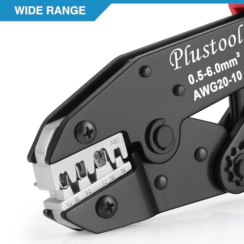 Plustool Crimping Tool for Non-Insulated Open Barrel Terminals & Receptacles AWG 20-10, Ratcheting Wire Crimper Tool - Crimping Pliers - Electrical Crimping Tool