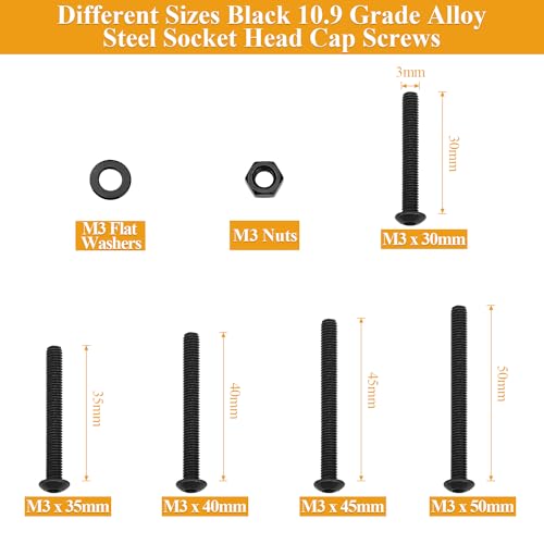 305 Pieces M3 x 30/35/40/45/50mm Button Head Socket Cap Screws Nuts Washers Set Black, Sutemribor M3 Long Screws, M3 Black Screws Nuts Washers Assortment Kit, 10.9 Grade Alloy Steel, Fully Threaded - size: M3 x 30-50mm, style: Button Head