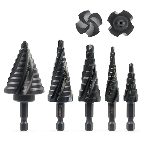 Step Drill Bit Set, 5PCS Four Spiral Flute Step Bits for Metal, 50 Sizes Titanium-Coated HSS Drill Bits with 1/4" Hex Shank for Stainless Steel Aluminum Wood Plastic