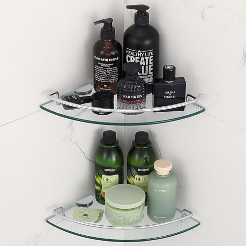 2 Ties Glass Corner Shelf with SUS 304 Stainless Steel Rail Chrome Finished, Esquinero para baños, Rustproof Tempered Glass Shelf, Shower Caddy Organizer 9.5" x 9.5" - size: 2 PACK With Rail