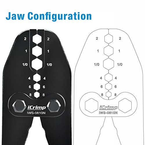 iCrimp IWS-0810N Battery Cable Terminal Lug Crimping Tool for 8,6,4,2,1,1/0 AWG Electrical Copper Battery Lugs, Fixed Hexagonal Crimping Die Sets - size: AWG8-1/0