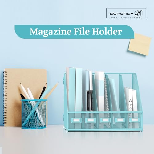 SUPEASY Desk Organizers Metal Desk Magazine File Holder with 5 Vertical Compartments Rack File Organizer for Office Desktop, Classroom, Home Workspace, Blue - color: Blue, size: Small