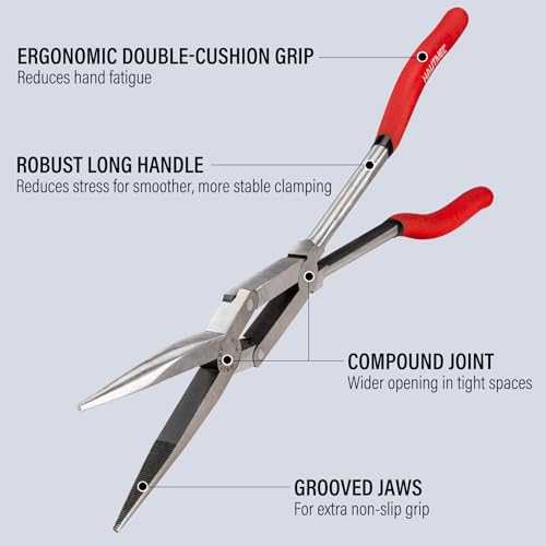 HAUTMEC Extra Long Needle Nose Pliers Set, 3PCS 13" Double Joint Long Reach Pliers, Circle Nose, Straight & 45° Bent Nose Plier, Extended Reach for Narrow Spaces, Automotive & DIY Repairs - color: 3pcs Double Joint Plier Set