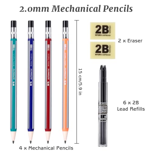 M&G Mechanical Pencil Set, 4 Pcs 2.0mm Mechanical Pencils with 6 Pcs 2B Extra Refill Leads, Automatic Pencil with Built-in Sharpener for Writing Art Drawing Sketching Construction Carpenter Drafting
