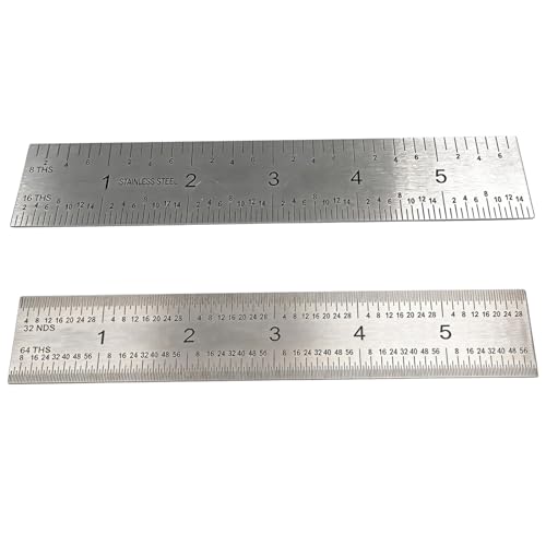 6 Inch Machinist Ruler Set - 2 Pack Stainless Steel Precision Double Sided Ruler with 1/64, 1/32, 1/16 & 1/8 Inch Graduations, Etched Markings - for Engineers,Woodworking and DIY (2, 6 Inch) - size: 6 Inch