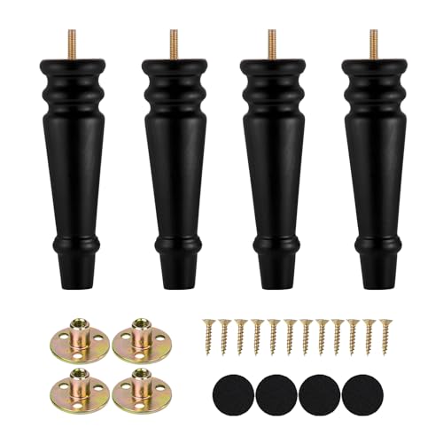 Maricome Furniture Legs 8 inches Set of 4 Pre-drilled M8 Bolt Wood Bun Replacement Legs for Sofa Couch Cabinet Chair Black Solid Round Turned Screw in - color: 8 Inch Black