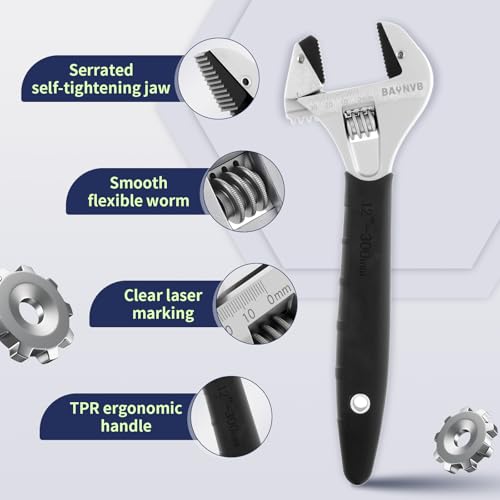 Adjustable Wrench 12 inch with Serrated Self-tightening Jaw, 43mm Wide Jaw Opening Wrench for Plumbing, Automotive, Industrial - size: 12 Inch